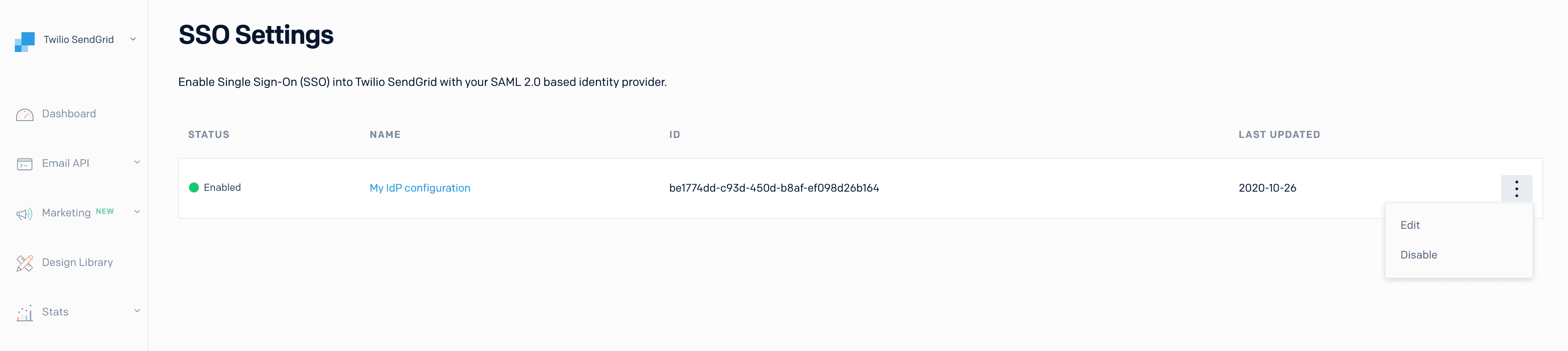 The Twilio SendGrid SSO IdP configuration action menu.