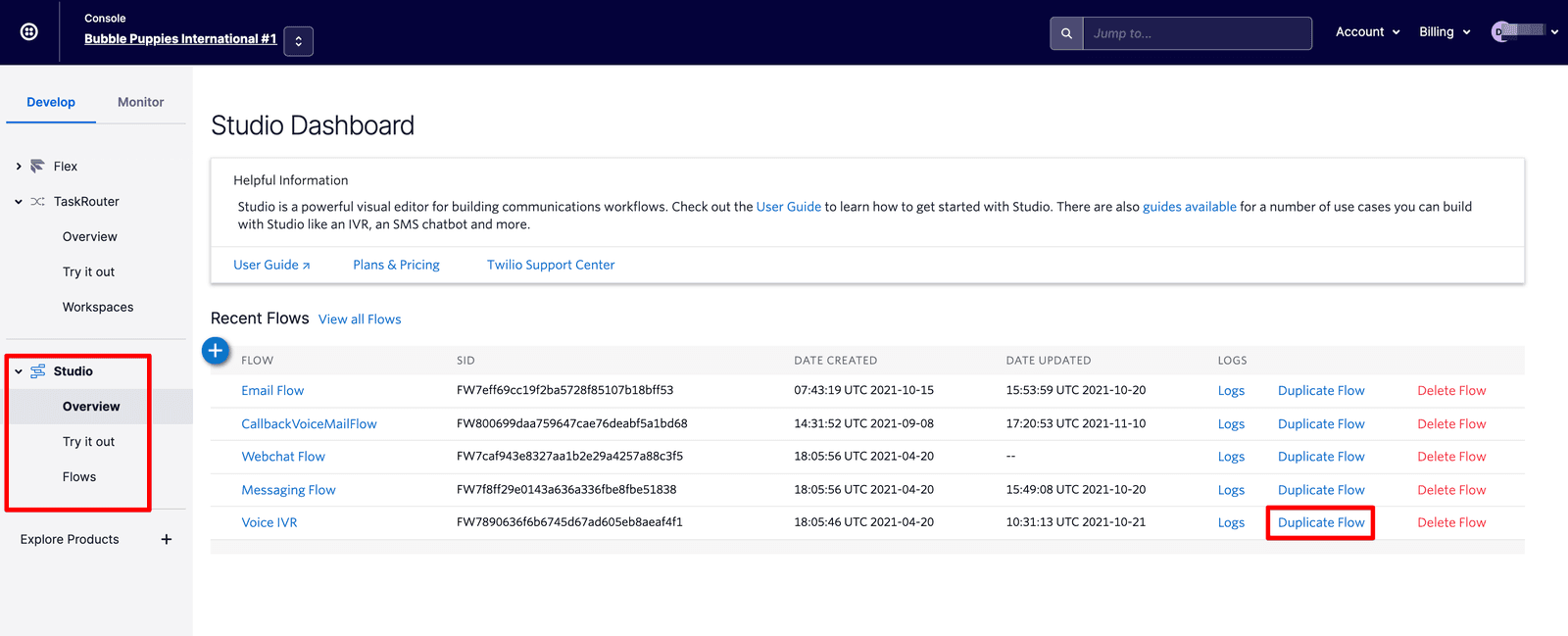 Studio Dashboard showing recent flows with options to duplicate or delete each flow.