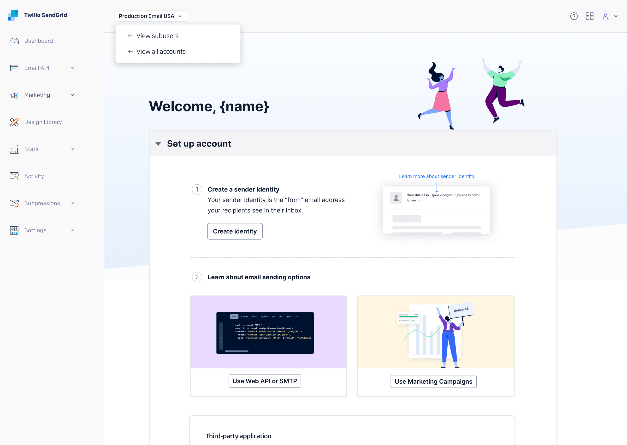 Set up account screen with options to create sender identity and learn about email sending, featuring Twilio SendGrid menu.