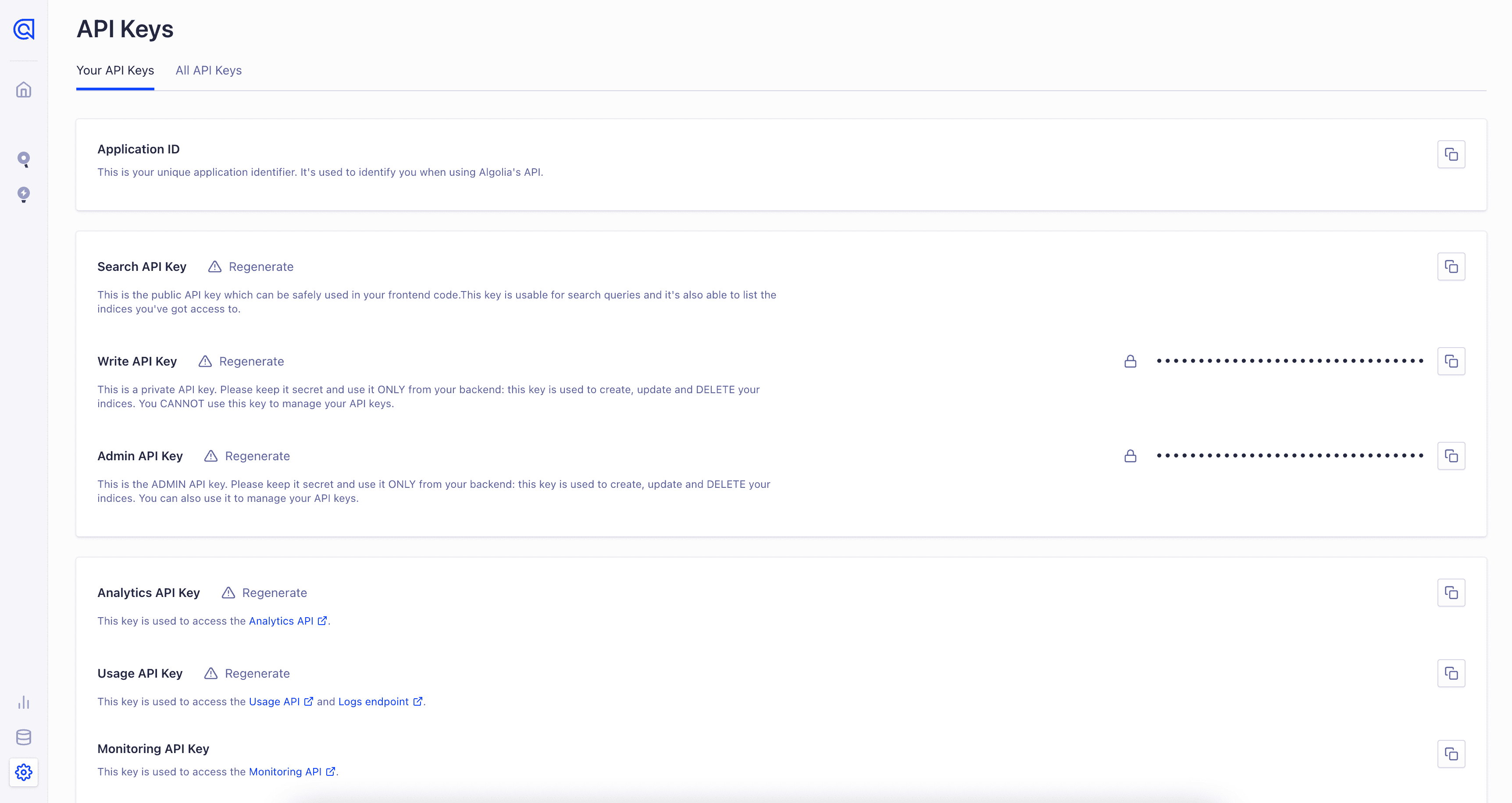 Algolia API keys page showing Application ID and various API keys with regenerate options.