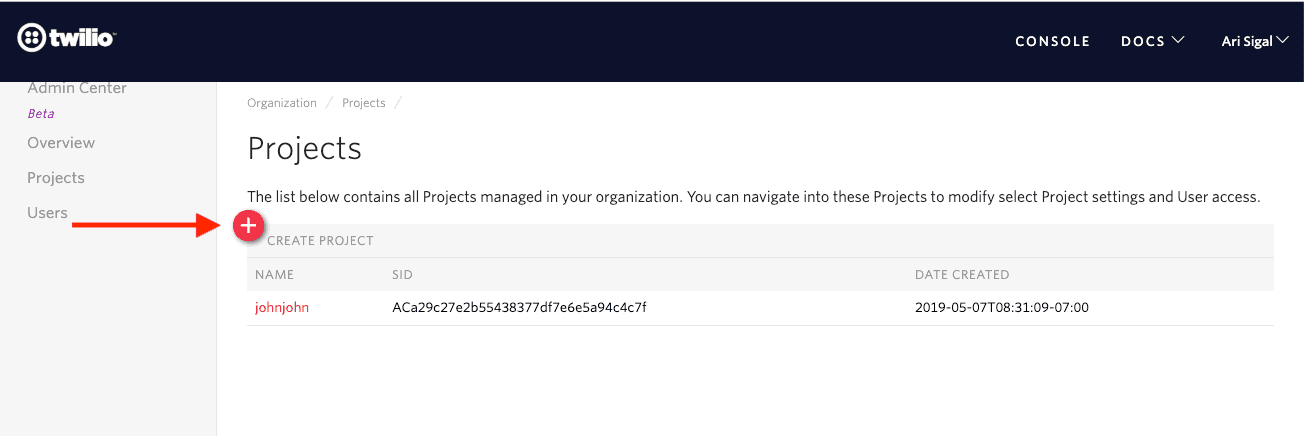 Admin Center interface showing Projects list with a highlighted 'Create Project' button.