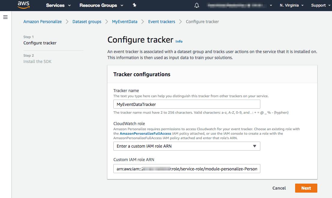AWS Configure tracker page with fields for tracker name and CloudWatch role.
