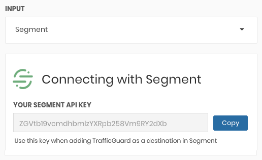 Connecting with Segment interface showing API key and copy button.