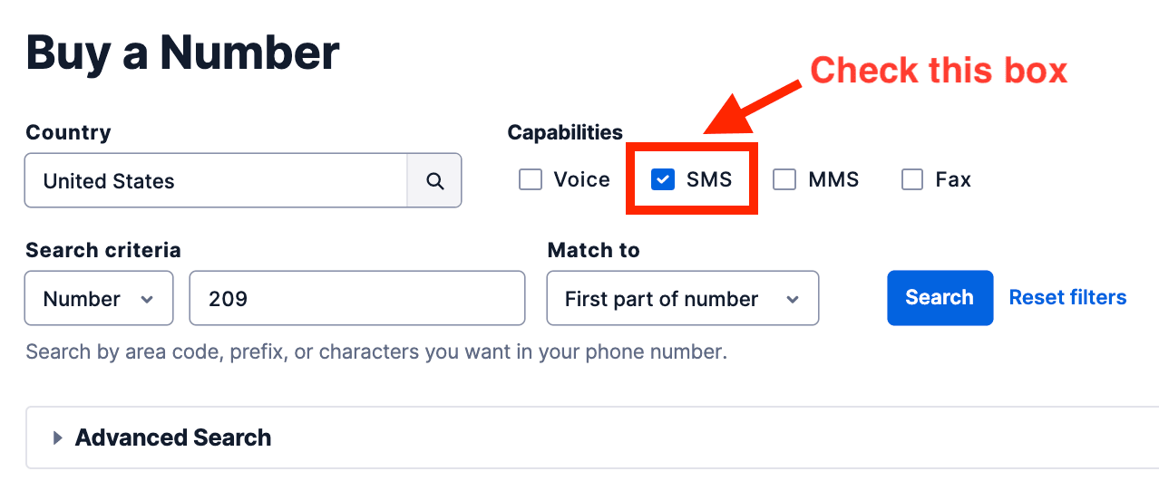 Select SMS capability when buying a number in the United States.
