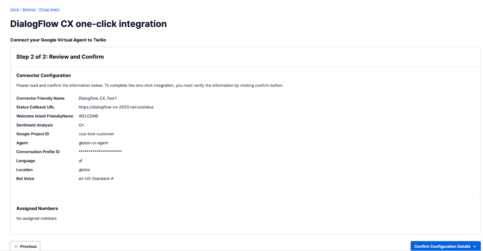 Dialogflow CX connector confirmation window.