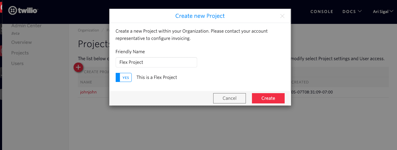 Create new project form with fields for friendly name and Flex project option.