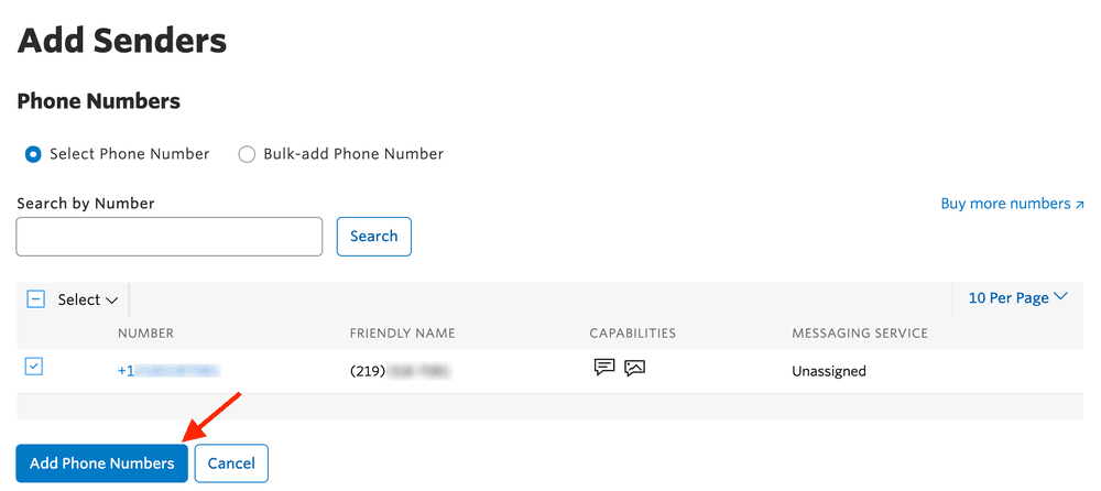 Add phone number to Twilio messaging service with selected number and add button highlighted.