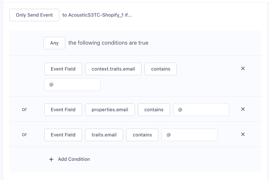 Segment UI showing email event filters for AcousticS3TC-Shopify_1 destination.