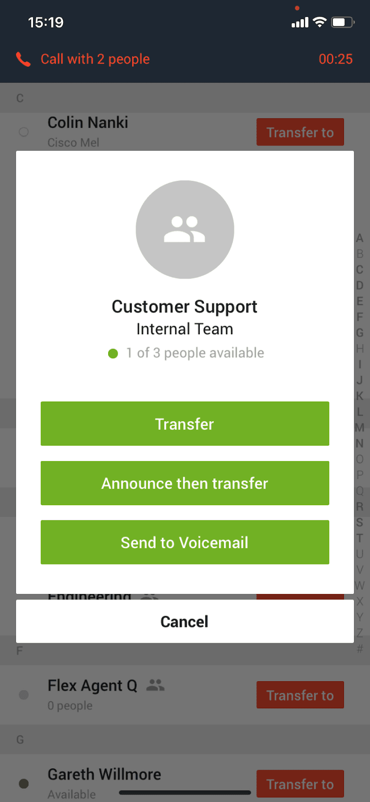 Call transfer options for Customer Support team with choices to transfer, announce then transfer, or send to voicemail.