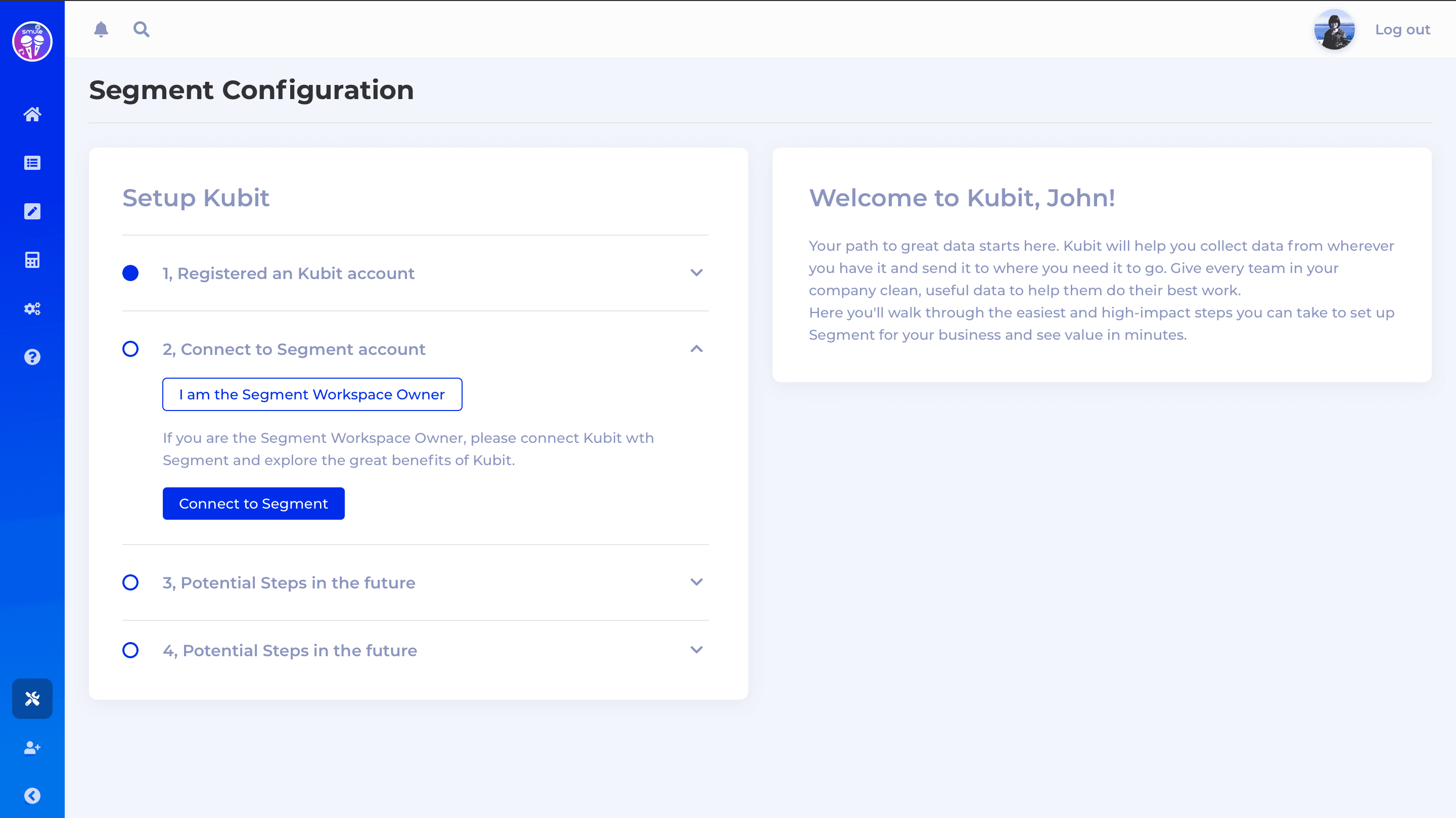 Kubit Segment Configuration page with steps to connect account.