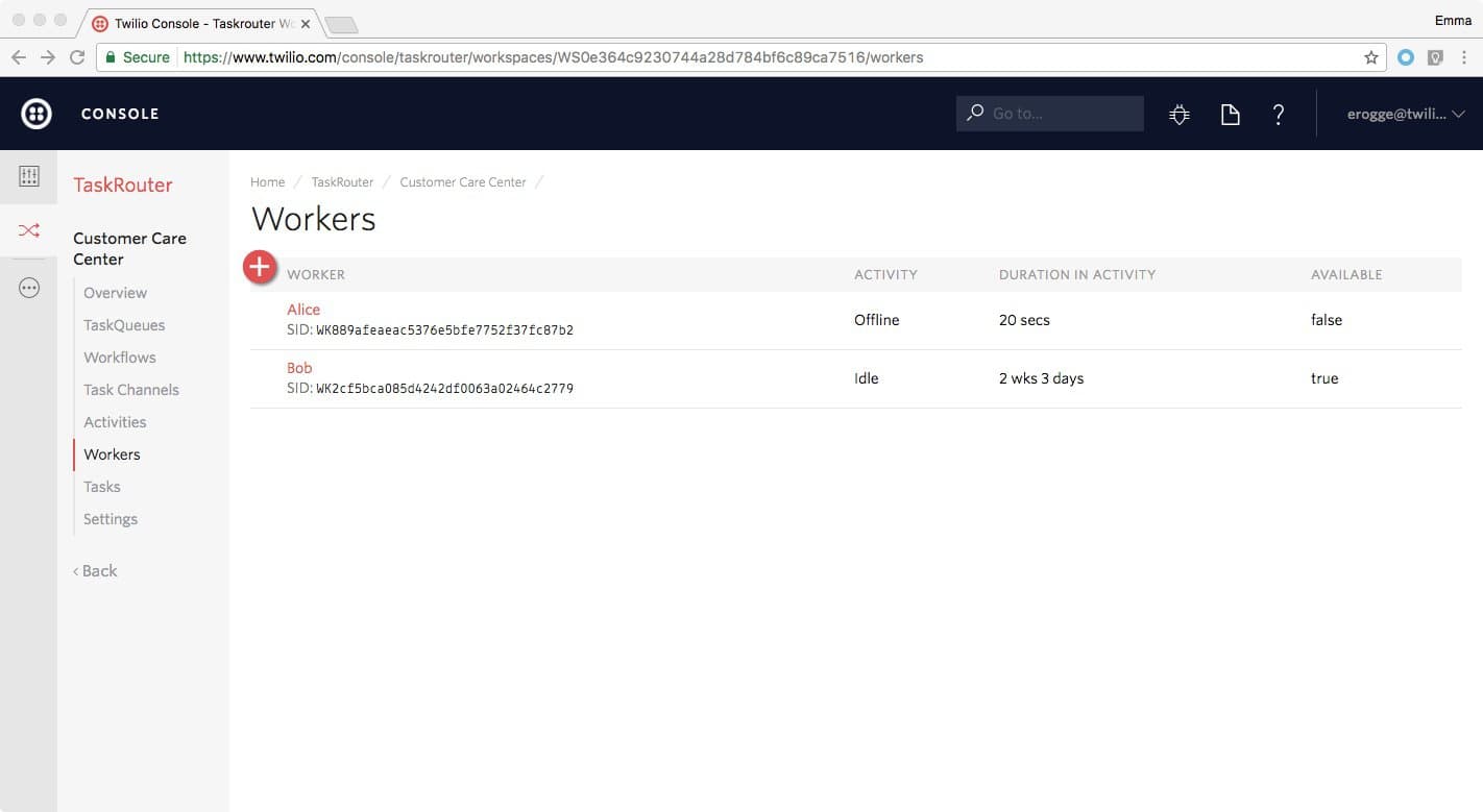Twilio console showing Alice offline for 20 seconds, Bob idle for 2 weeks 3 days.