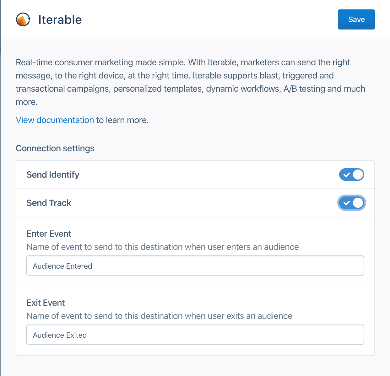 Iterable settings page with options for Send Identify, Send Track, Enter Event, and Exit Event.