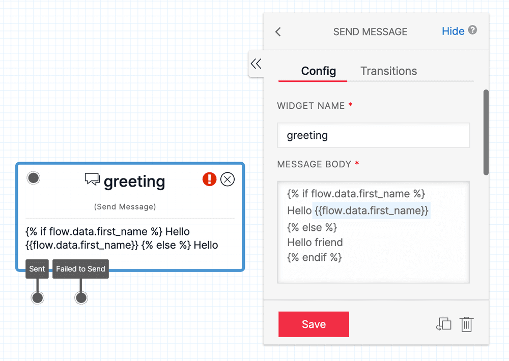 Twilio Studio logic for greeting message with conditional first name check.