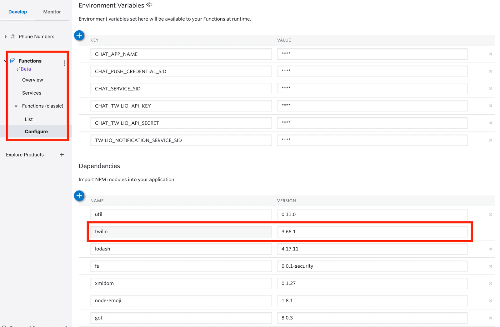 Twilio Functions environment variables and npm dependencies with Twilio version 3.66.1 highlighted.