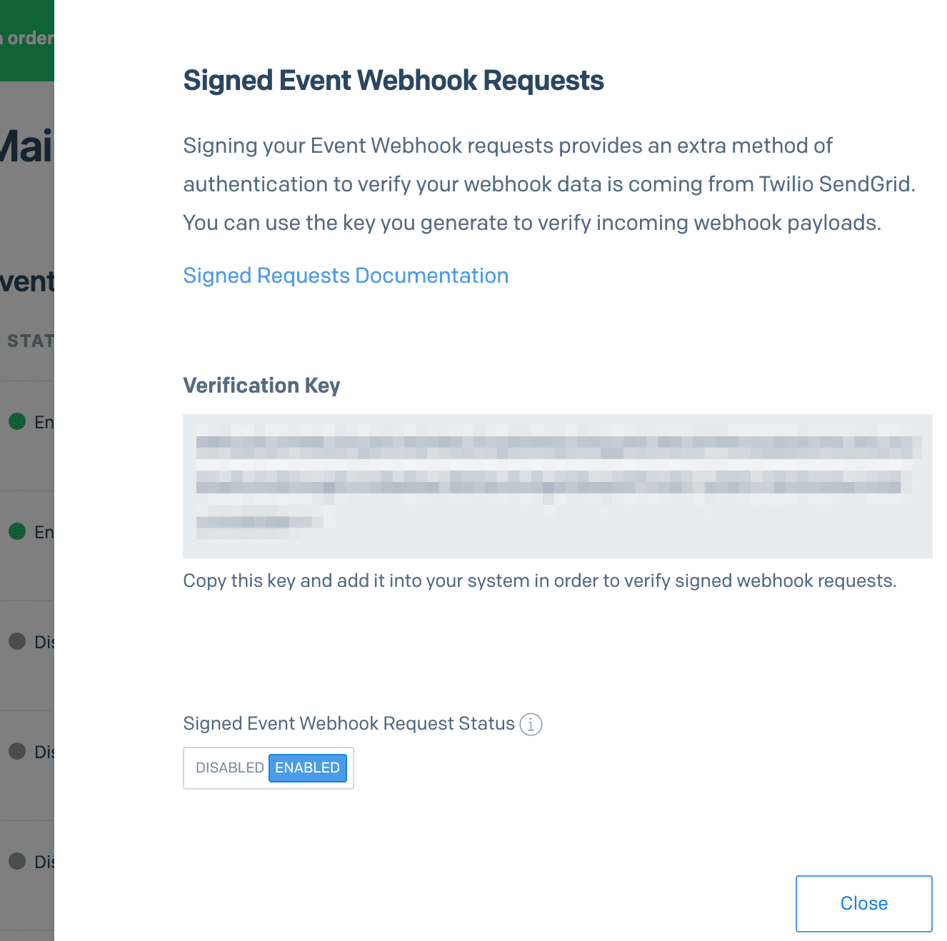 Instructions for enabling SendGrid signed event webhook requests with a verification key.