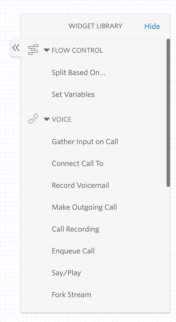 Widget library showing flow control and voice options like split based on, set variables, and gather input on call.