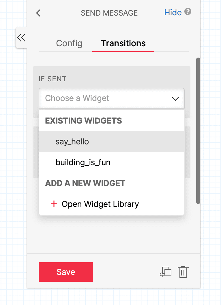 Transitions tab with widget selection dropdown in Twilio Studio.