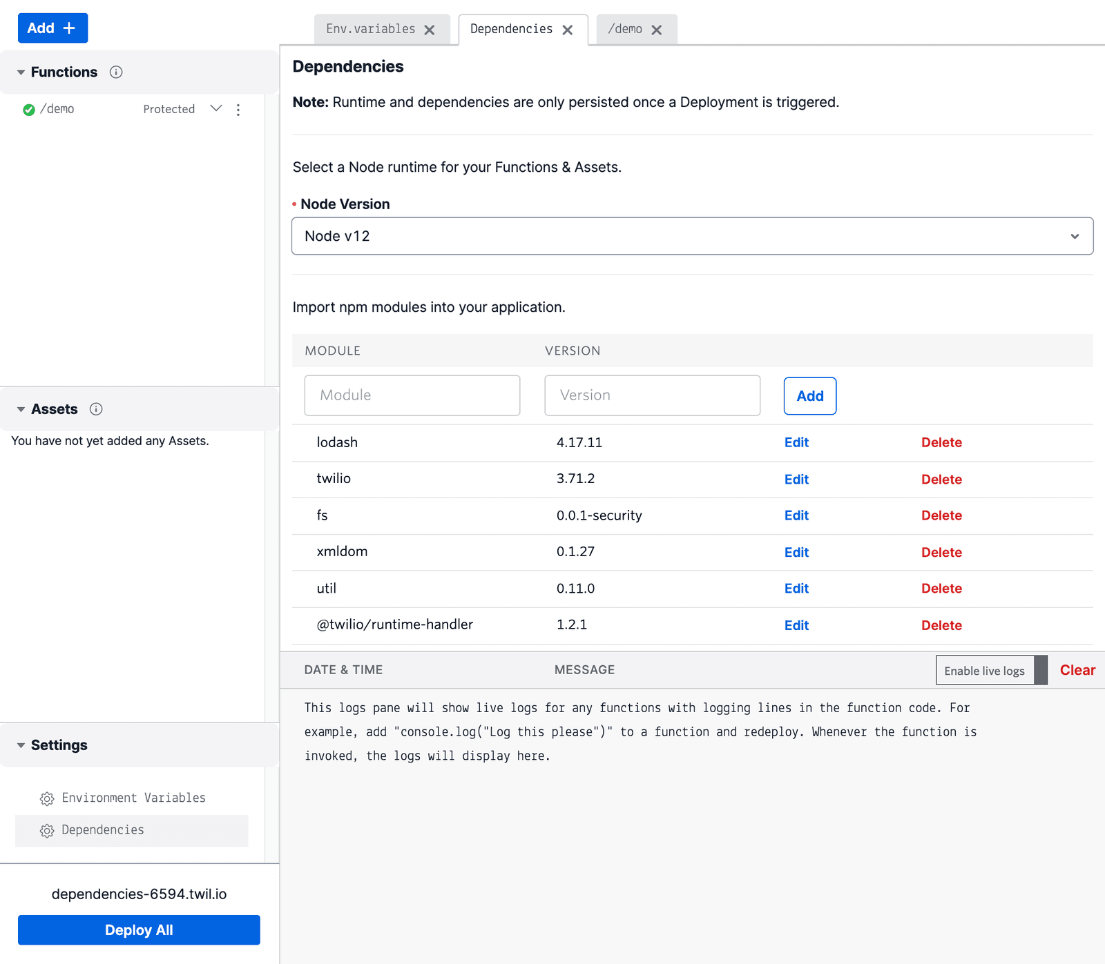 Node.js runtime and npm module dependencies list with options to edit or delete.