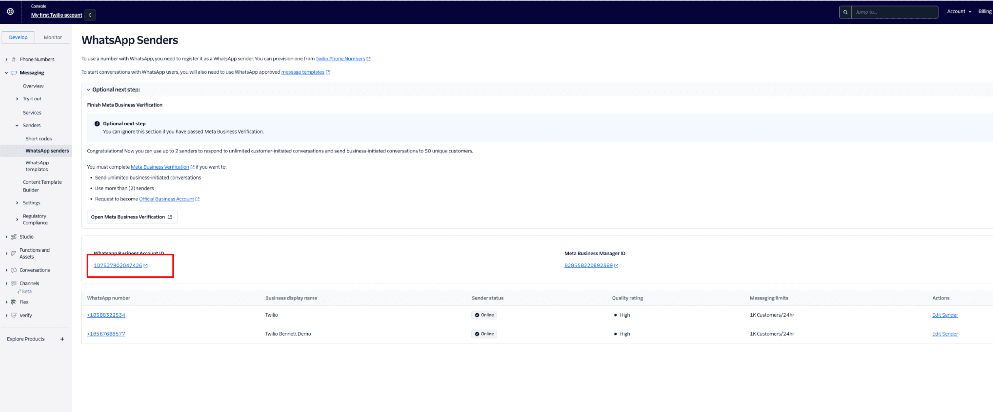 WhatsApp senders page showing business verification and sender details with status online.