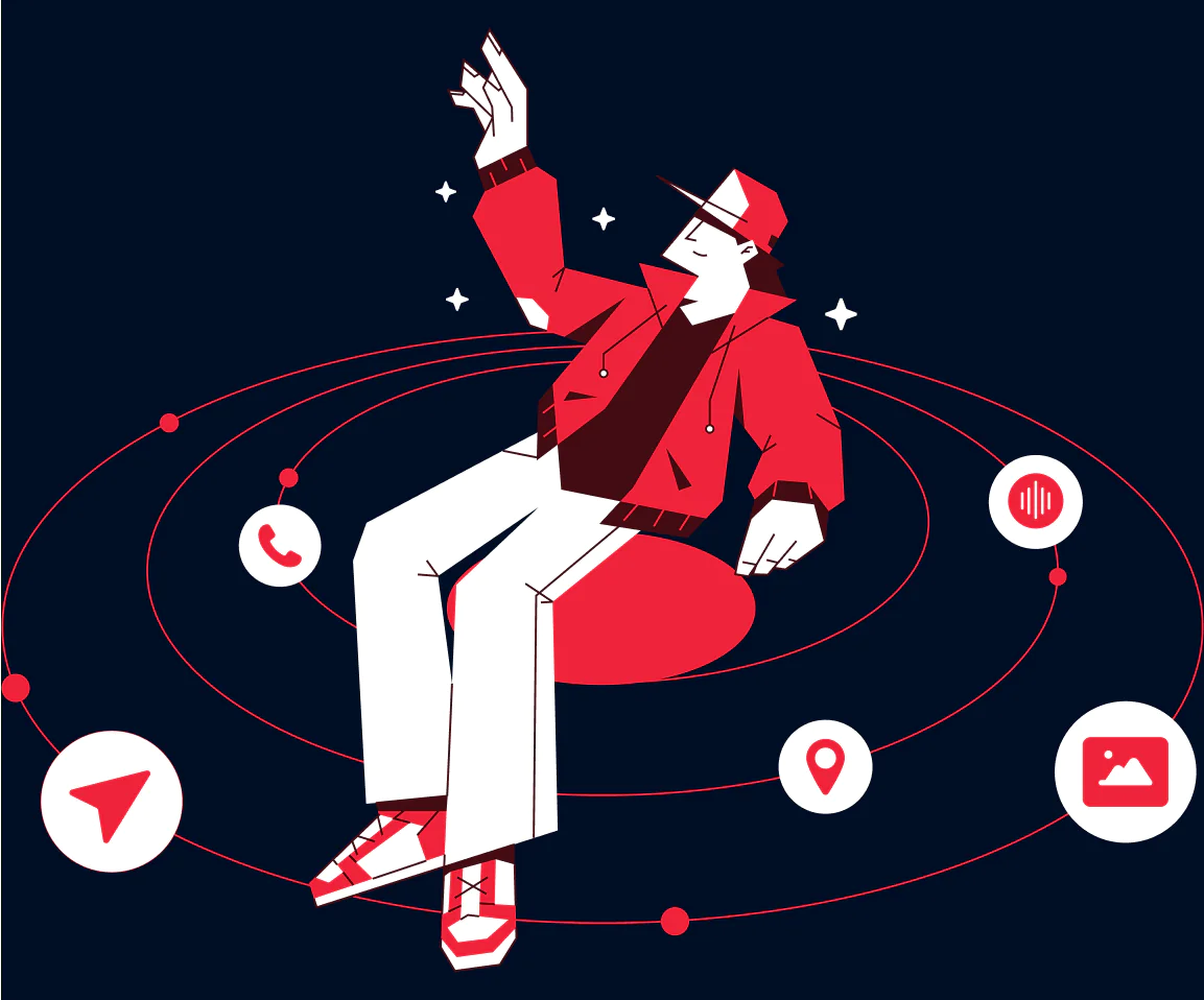 Digital Navigator in a Tech-Inspired Space Illustration of a person in red jacket and cap, floating surrounded by tech icons like a phone, GPS, and microphone.