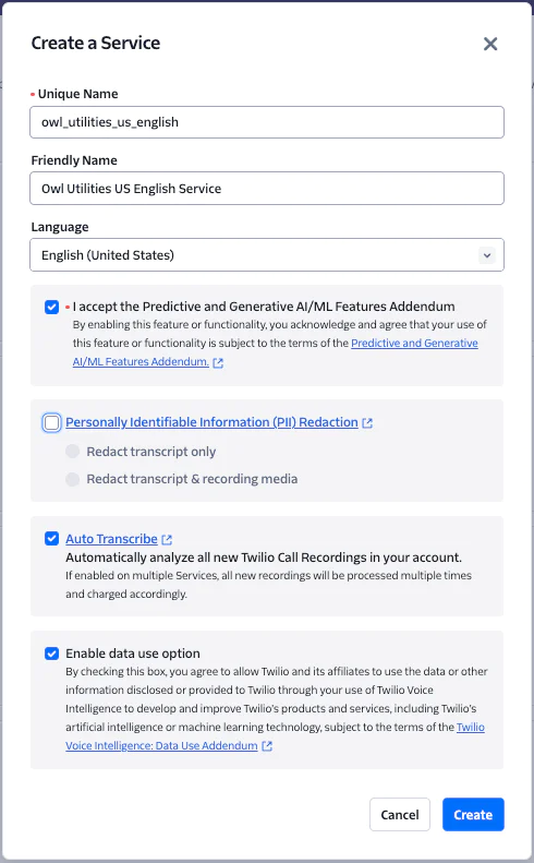 Create a service and accept the AI/ML feature addendum. Create a service and accept the AI/ML feature addendum.