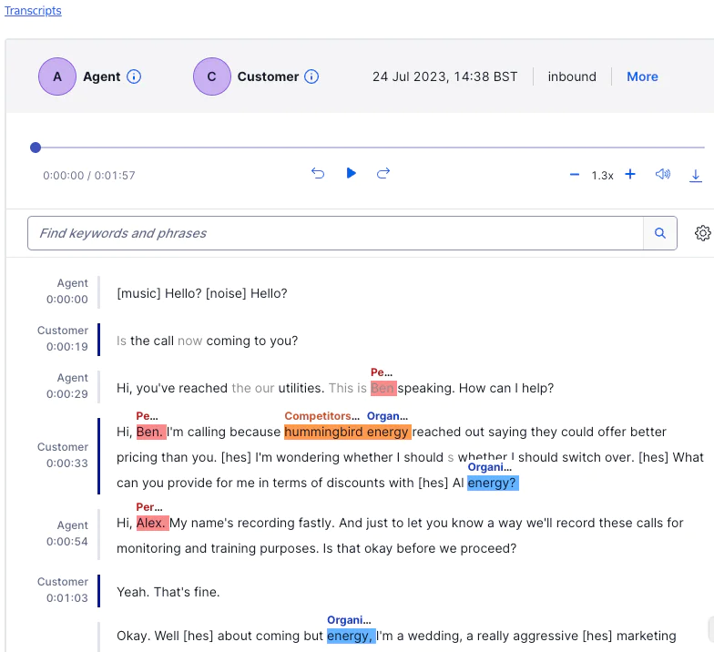 Highlighting names in a transcript, along with the organization and competitors. Highlighting names in a transcript, along with the organization and competitors.