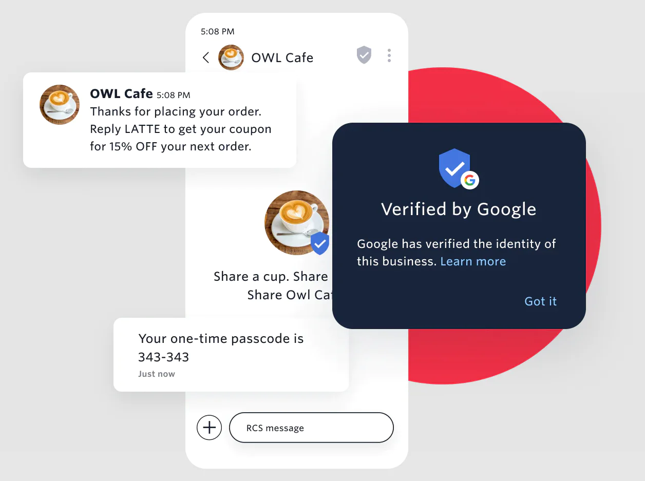 Chat messages with OWL Cafe offering coupon and Google verification badge.