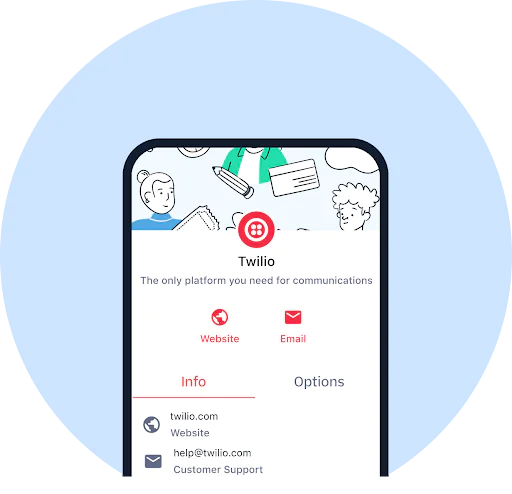 Mobile phone screen showing Twilio website and email options with stylized background illustrations.
