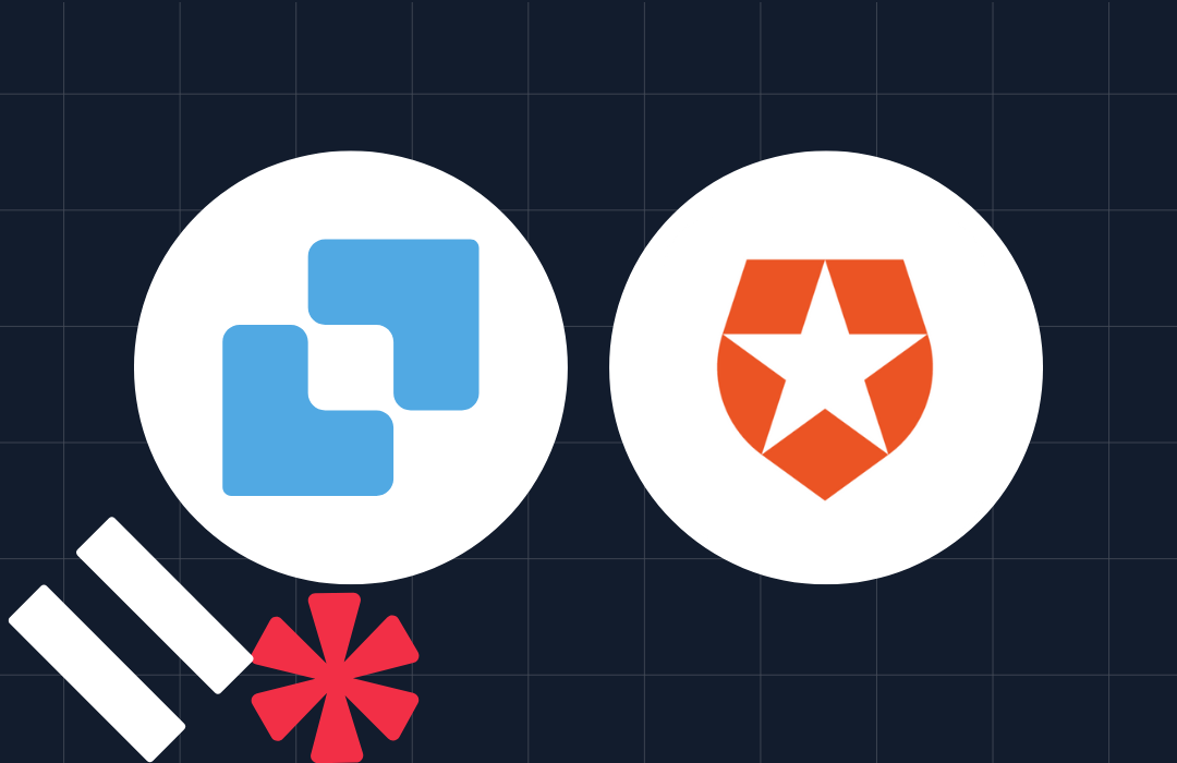 Two software logos; one blue with squares, the other orange with a star inside a shield.