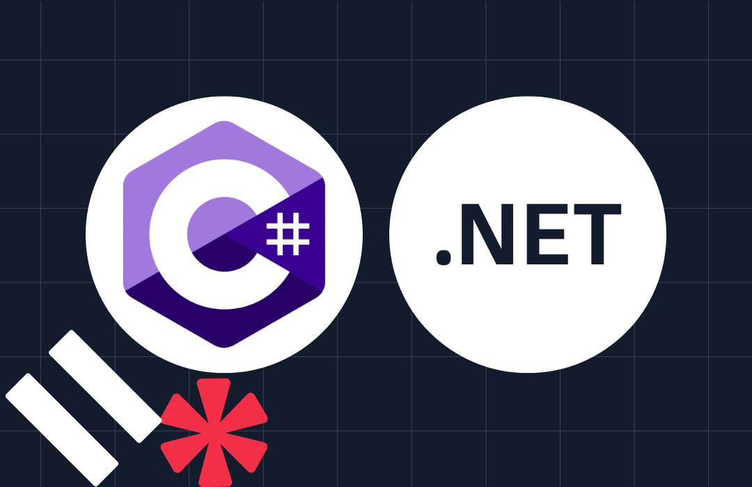 Logos of C# and .NET displayed on a dark grid background with additional red and white graphic elements.