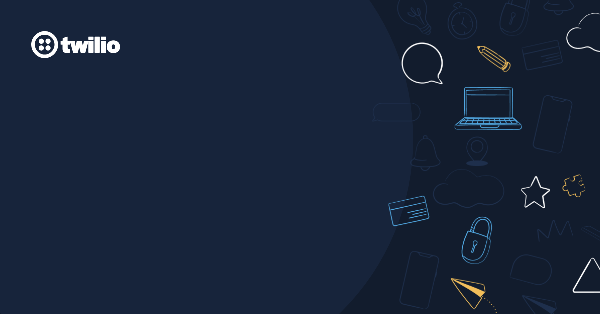 Dark blue background with Twilio logo and assorted technology icons like laptop, lock, phone, and more.