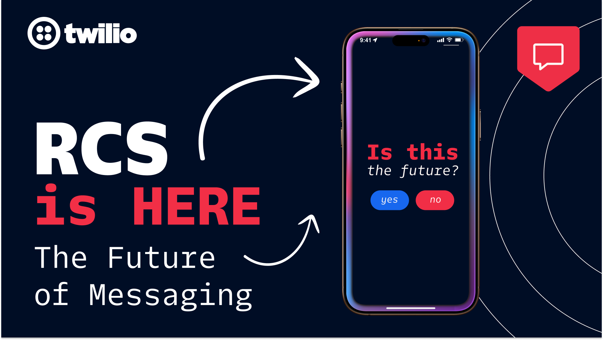 RCS is here. The future of messaging. A phone asks "Is this the future" with a button to respond yes or no