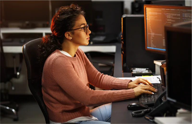 Developer girl coding on Python