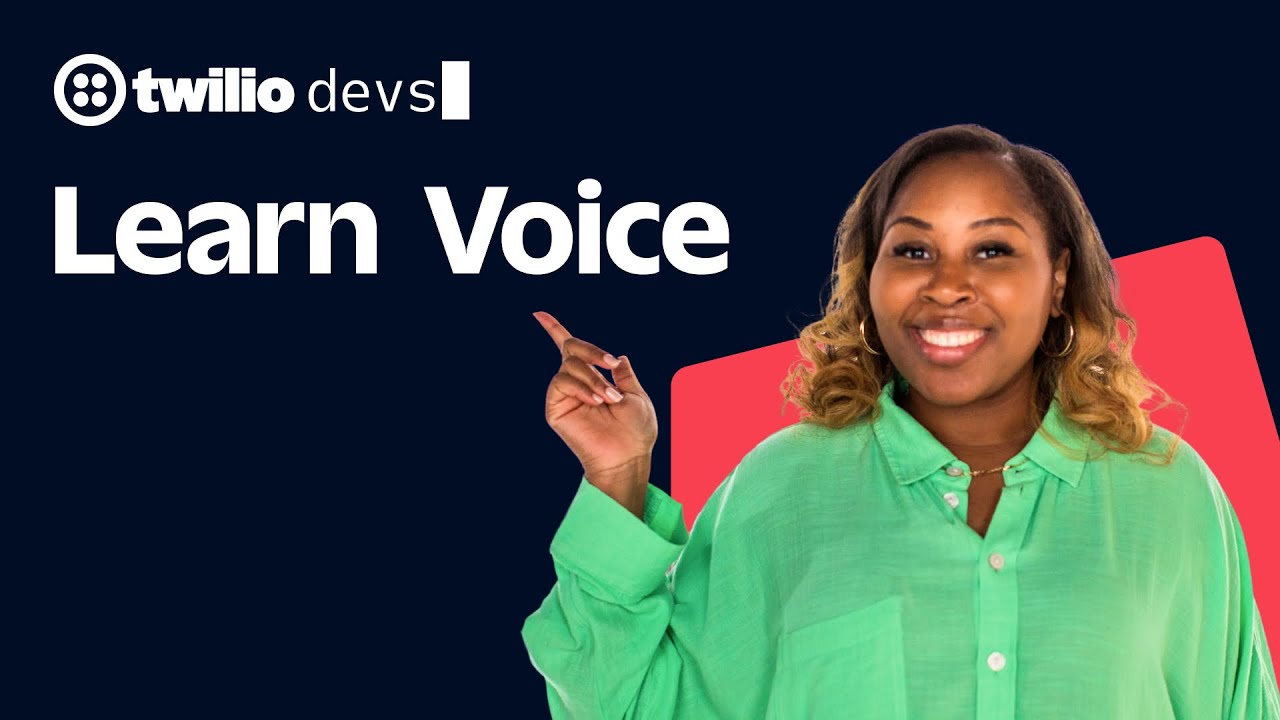 Woman pointing up with text Twilio devs Learn Voice on a dark blue background.