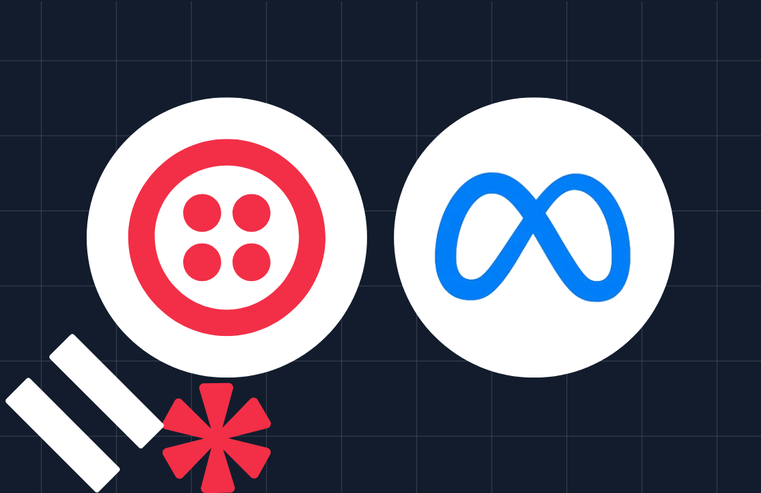 Logos of Twilio and Meta with additional abstract symbols on a dark grid background.