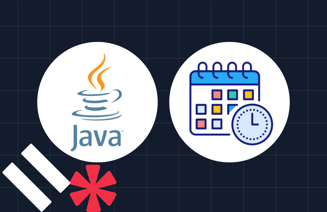 Java logo next to an illustrated calendar with a clock on a grid-patterned background.