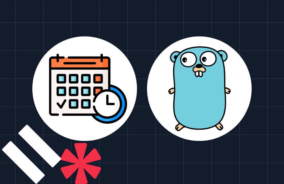 Go programming language mascot next to a calendar and clock icon on a dark grid background.