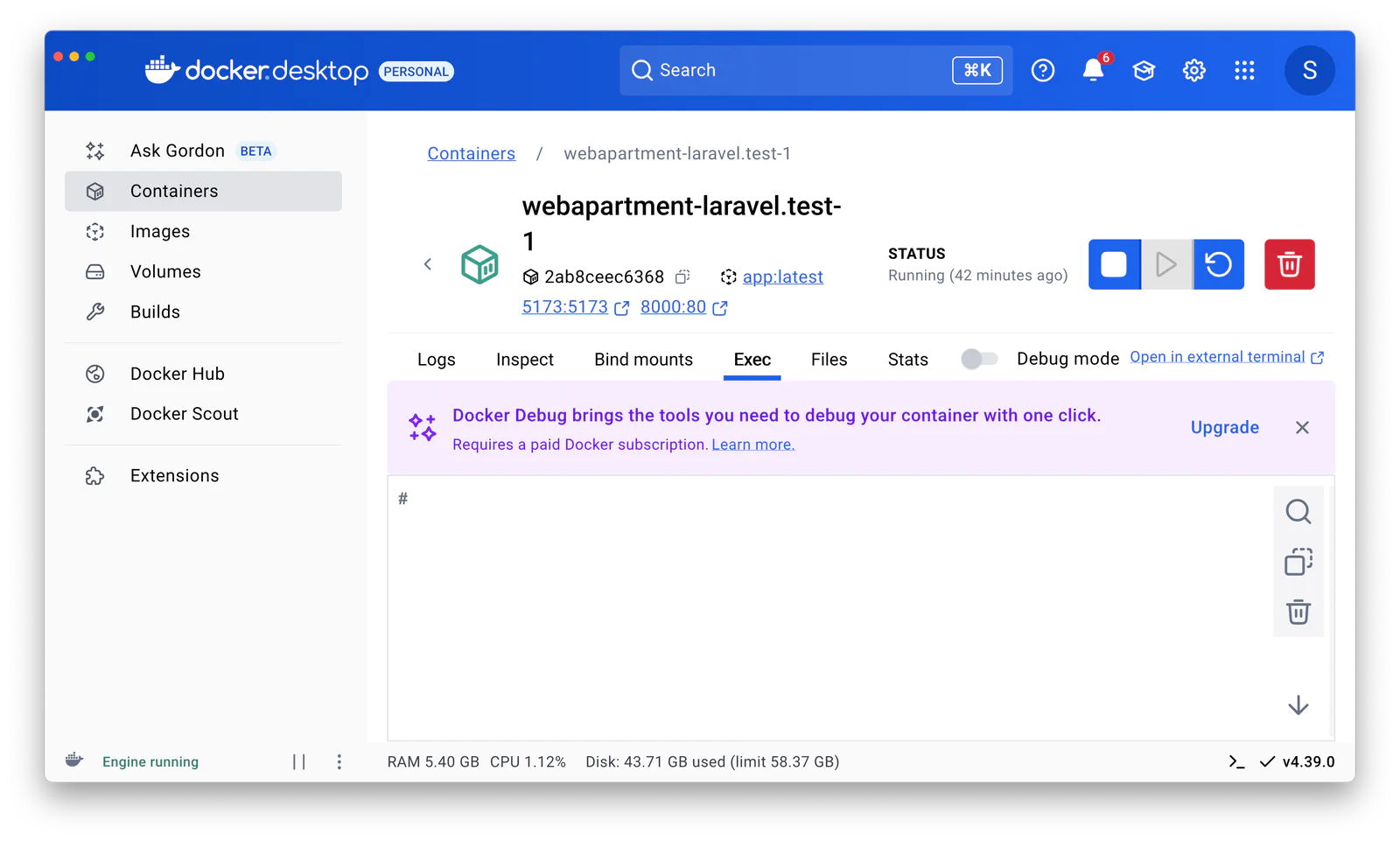 Docker Desktop window showing a running container for a Laravel web application with logs and resource usage. docker-desktop-view-running-container.png