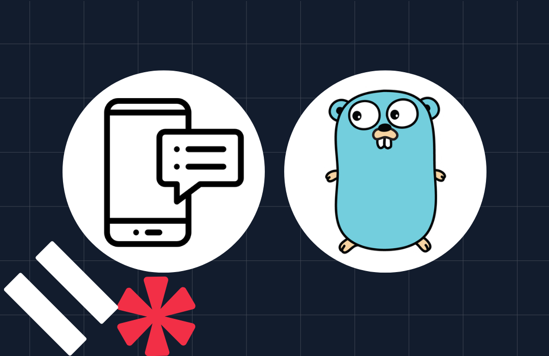 Icons of a mobile phone with message bubbles and a blue gopher on a dark grid background.