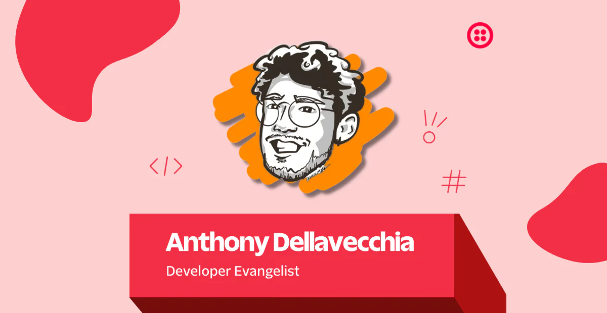 Cartoon drawing of Anthony Dellavecchia with title Developer Evangelist on a colorful background.