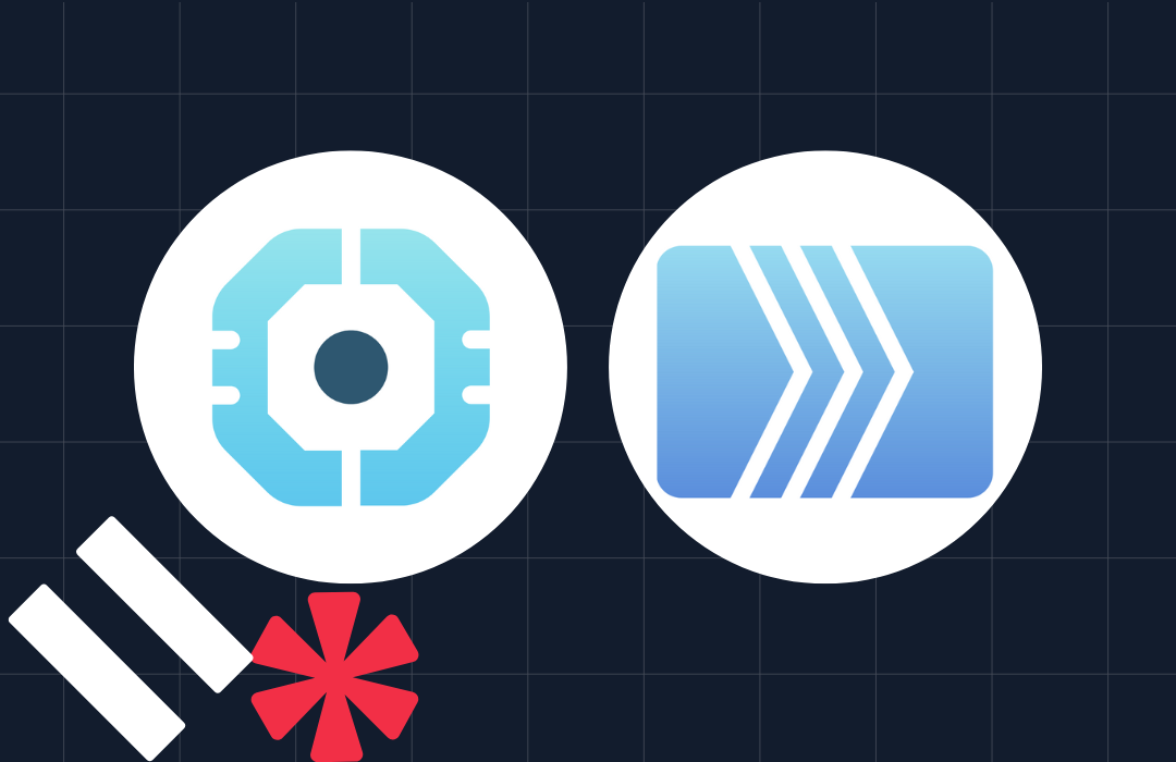 Two circular icons with geometric designs, one blue with a hexagon shape and the other blue with arrows.