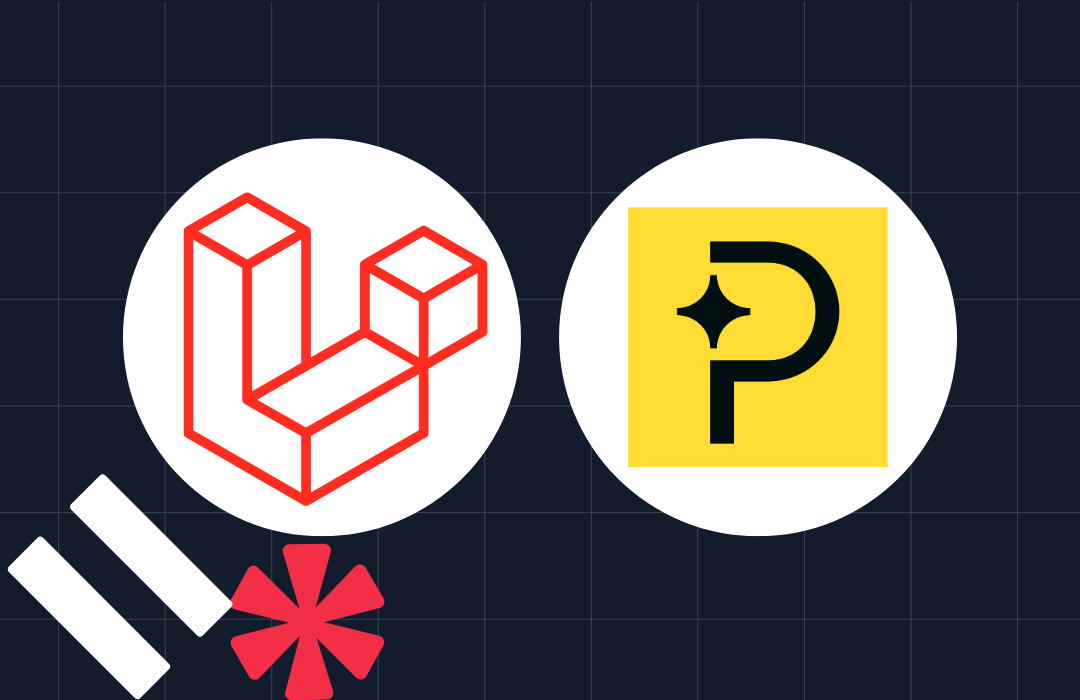 Logos of Laravel and Pyro side by side with geometric shapes on a dark grid background.