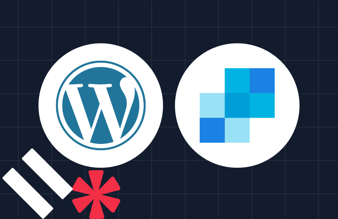 WordPress logo and SendGrid logo on a grid background with additional abstract shapes