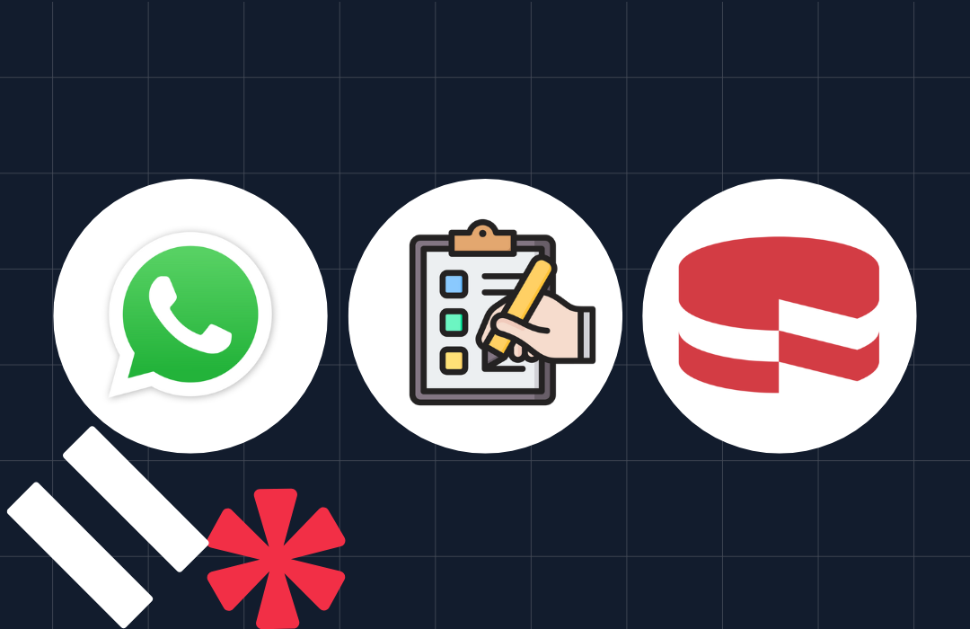 Icons of WhatsApp, a checklist with a pencil, and the CakePHP logo on a dark grid background.