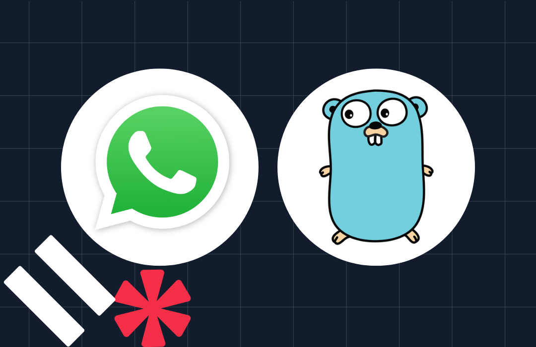 WhatsApp logo and Golang mascot side by side on a dark grid background with a pause and star icon.