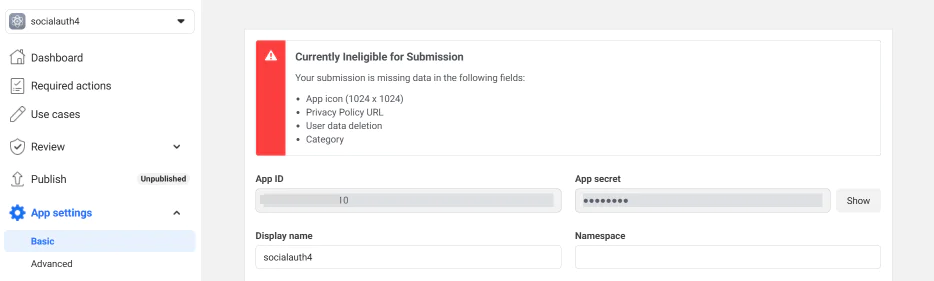 Basic App Settings in the Meta/Facebook app setup process.