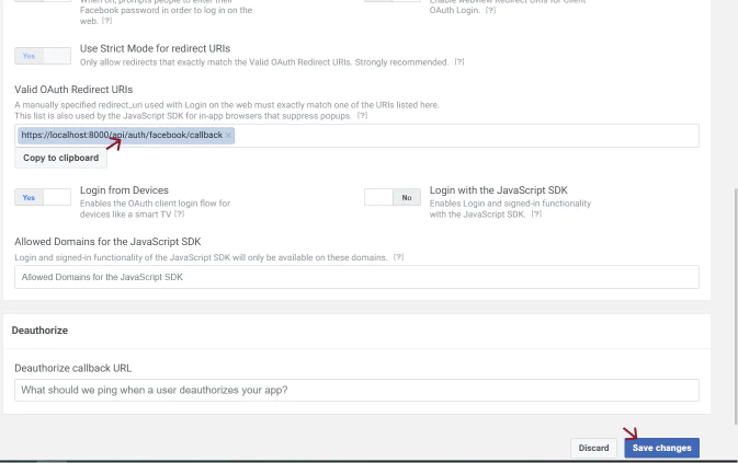 Setting value OAuth Redirect URIs in the Meta/Facebook app setup process.