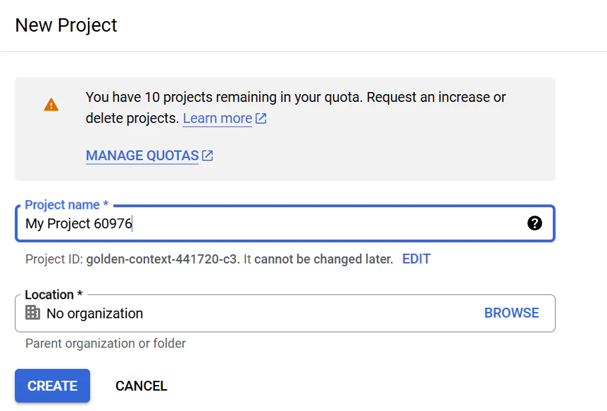 New (Google) Project settings form showing the Project name filled out.