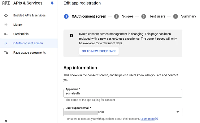The Google APIs & Services OAuth consent screen, showing the "Edit app registration" form with the "App name" field filled out and the "User support email" field filled out but redacted.
