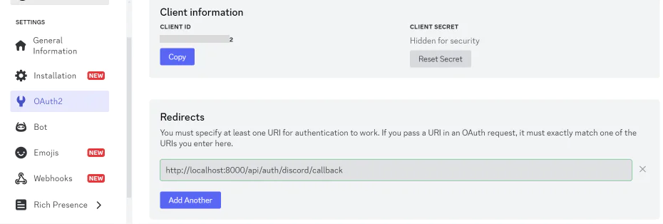 The Discord OAuth2 configuration form.